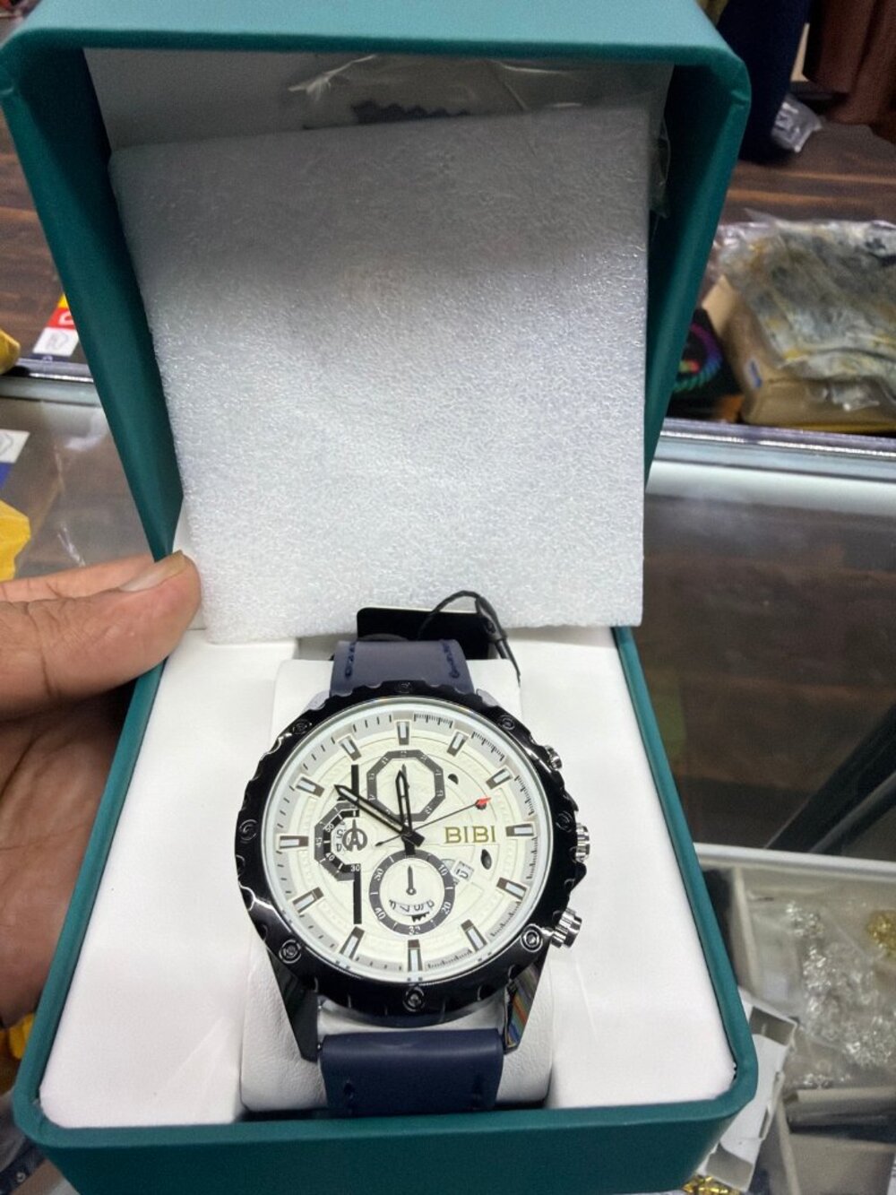 BIBI Men's Chronograph White Dial Blue Leather Strap New in Box